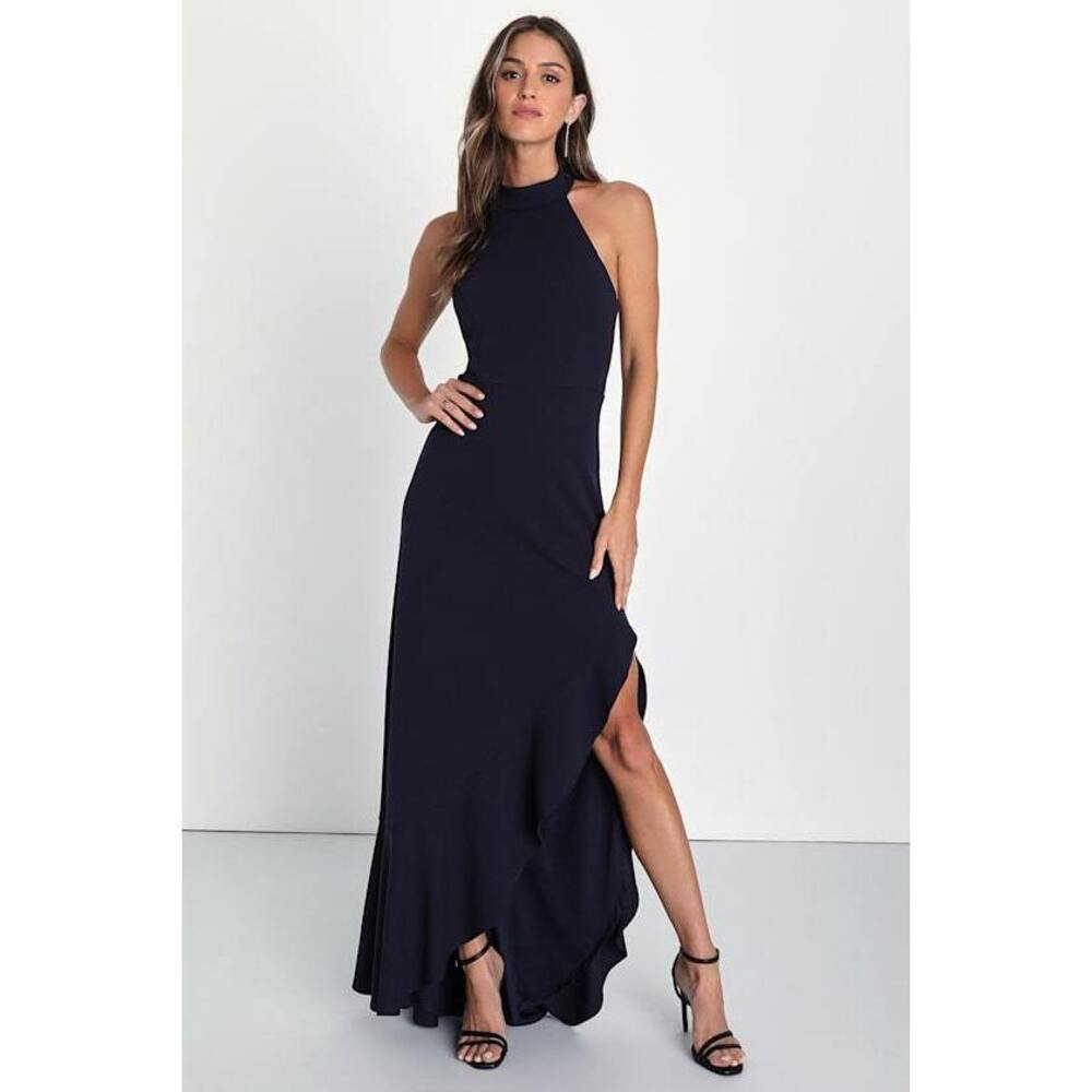 Lulus Majestic Perfection Navy Blue Ruffled Halter Maxi Dress - Size M